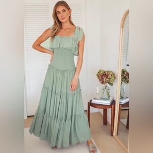 Sage Green Smocked Tie-Strap Tiered Maxi Dress